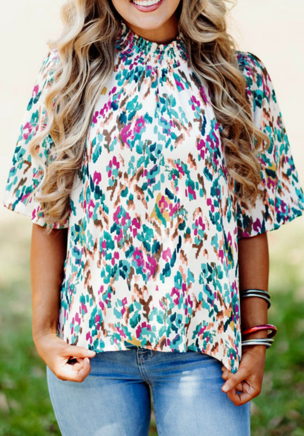 Abstract Puff Sleeve Blouse