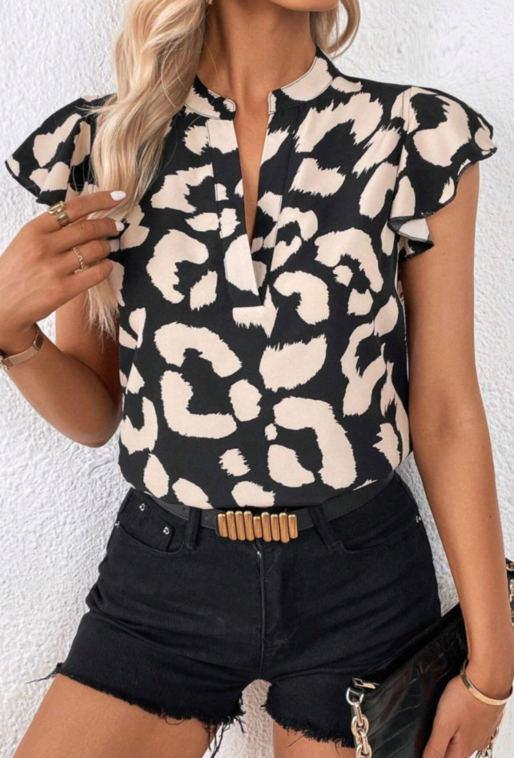 Black Leopard Ruffle Sleeve Top