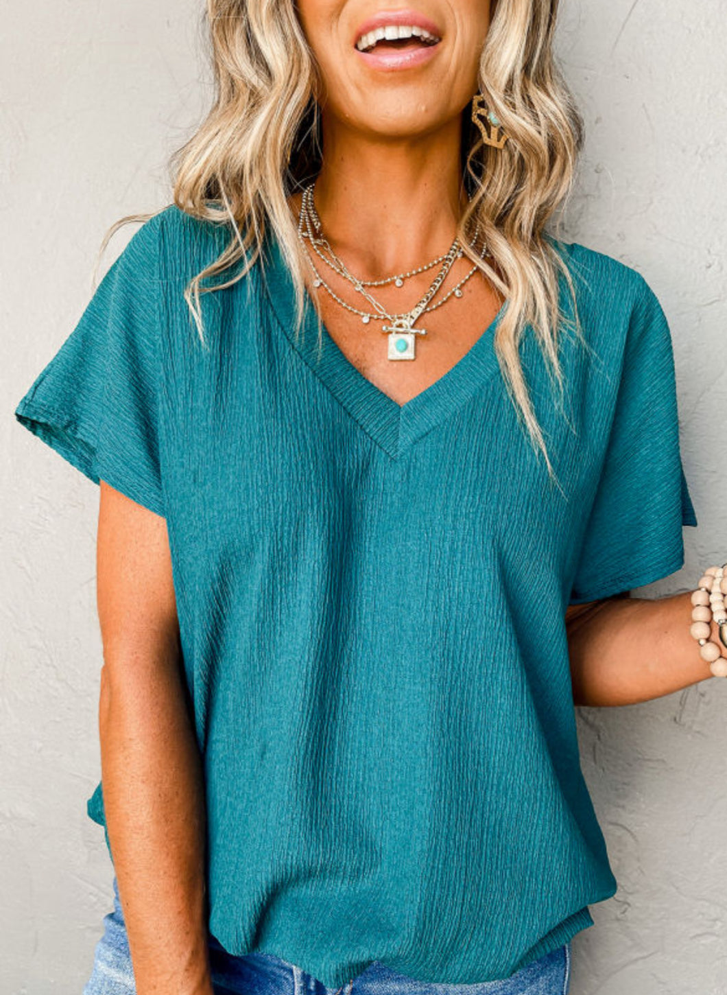 Blue Sapphire Wide V-Neck Short Sleeve