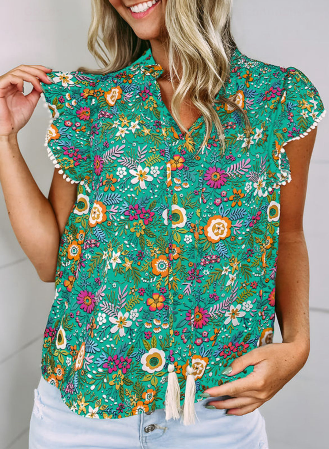 Green Tropical Lace Trim Short Sleeve