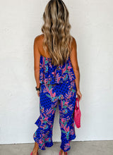 Load image into Gallery viewer, Blue Tropical Print Strapless Ruffle Jumpsuit
