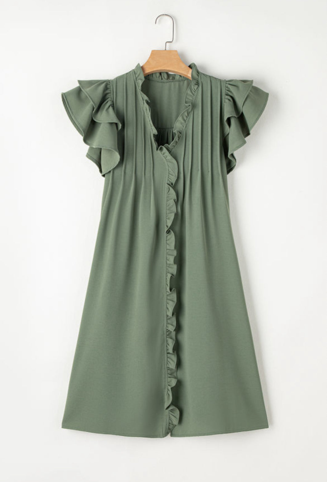 Mist Green Ruffle Sleeve V-Neck Dress