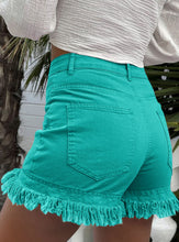 Load image into Gallery viewer, Turquoise Frayed Mid-Rise Denim Shorts
