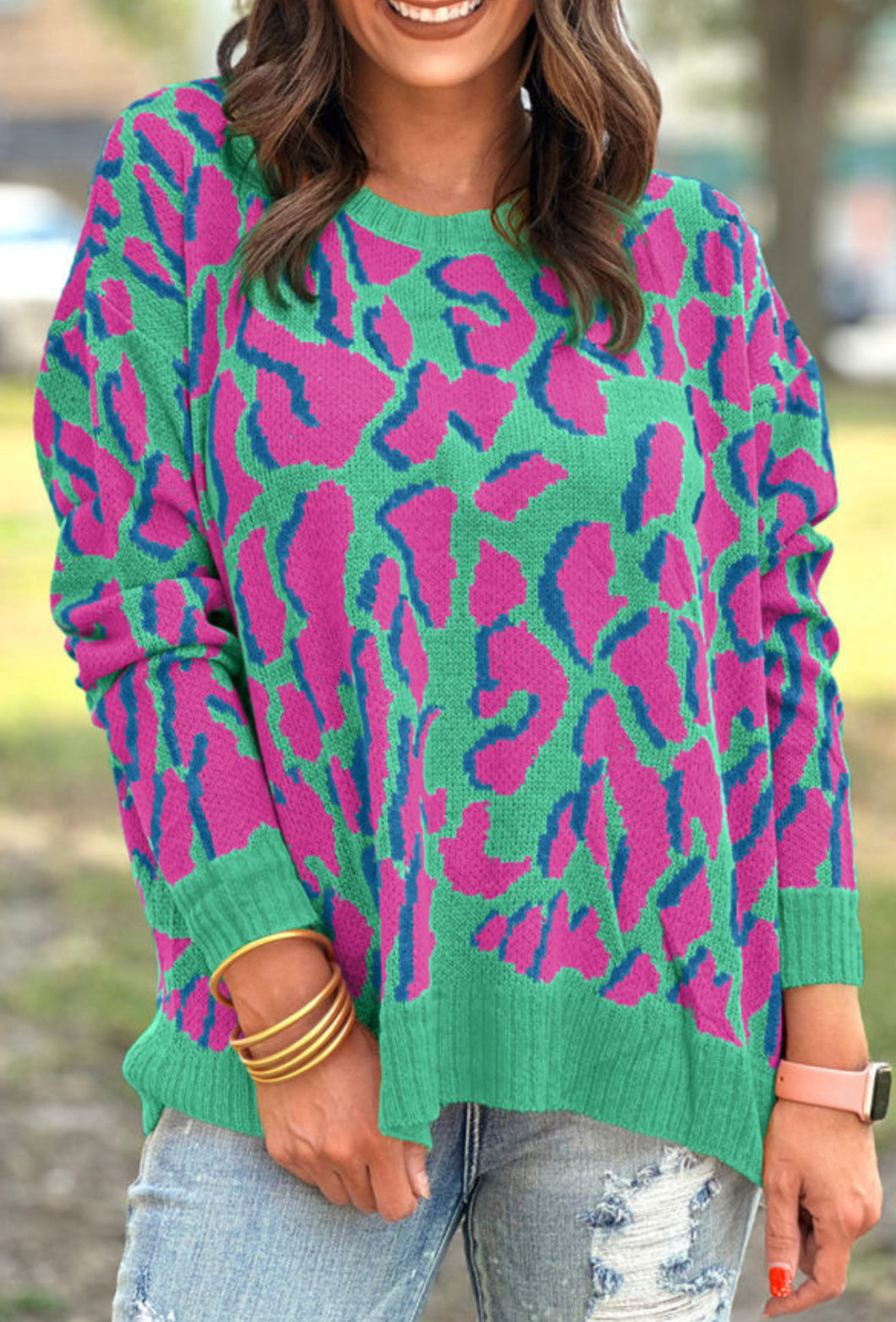 Green Abstract Print Baggy Sweater