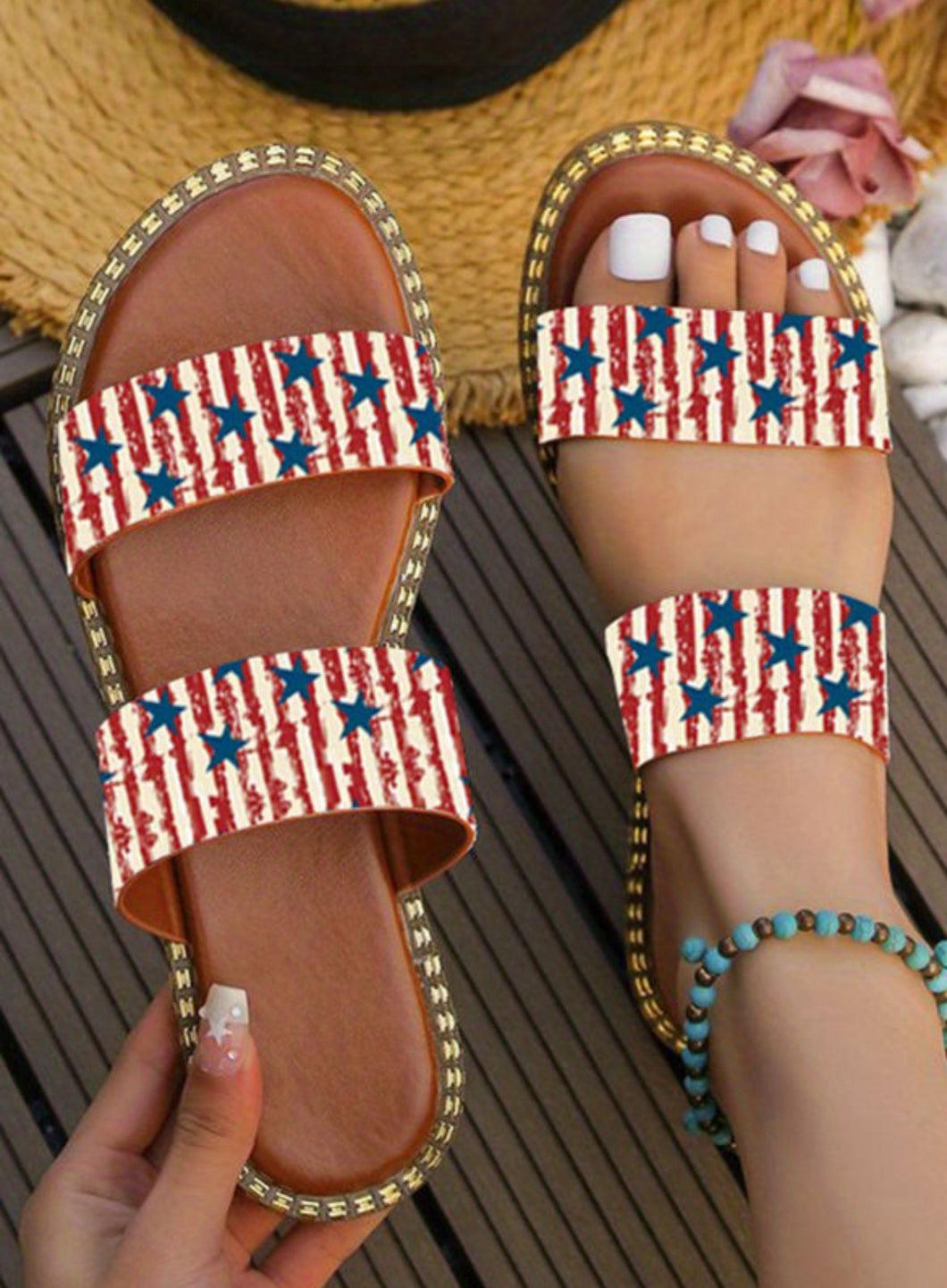 Red American Flag Double Strapped Sandal