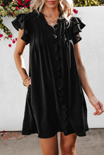 Load image into Gallery viewer, Black Ruffle Sleeve V Neck Frilled Dress
