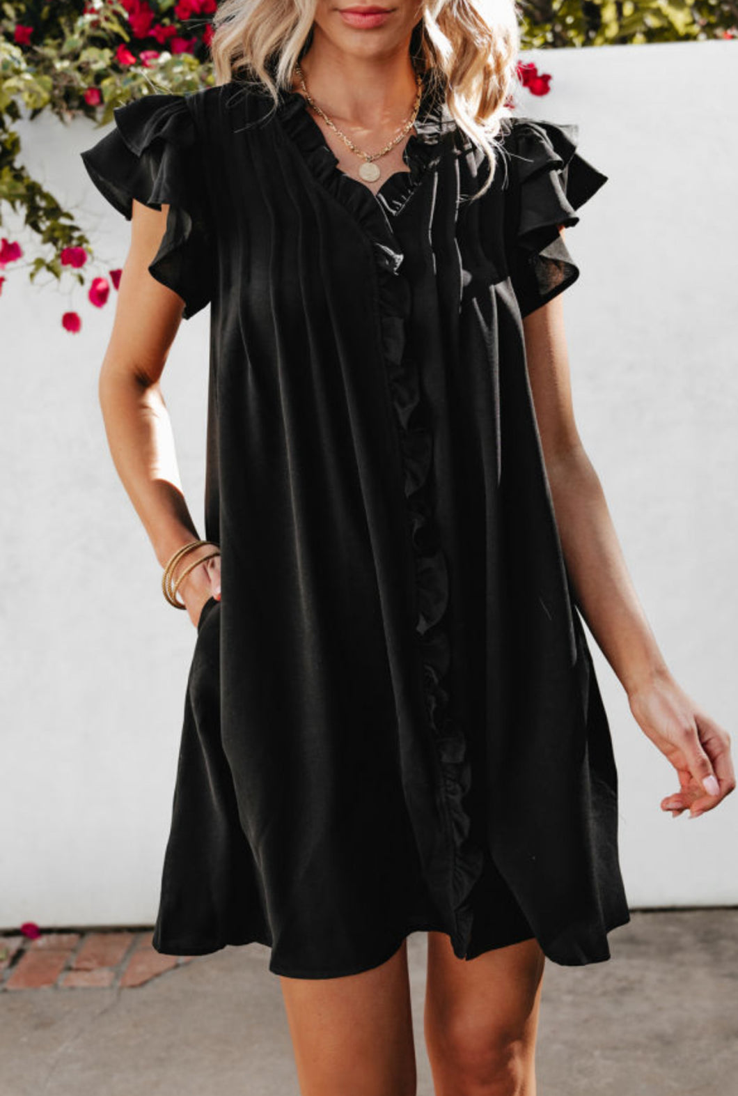 Black Ruffle Sleeve V Neck Frilled Dress