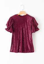 Load image into Gallery viewer, Burgundy Glittering Sequin Short Bubble Sleeve Blouse
