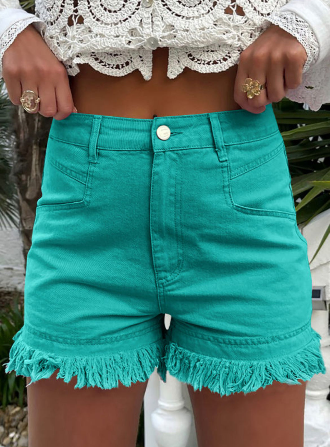 Turquoise Frayed Mid-Rise Denim Shorts