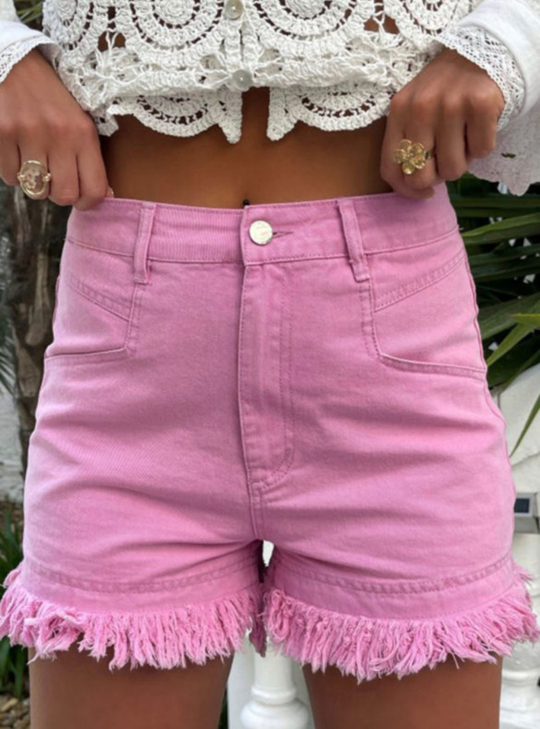 Pink Frayed Mid-Rise Denim Shorts