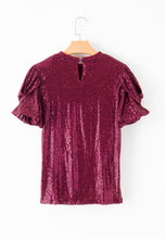 Load image into Gallery viewer, Burgundy Glittering Sequin Short Bubble Sleeve Blouse
