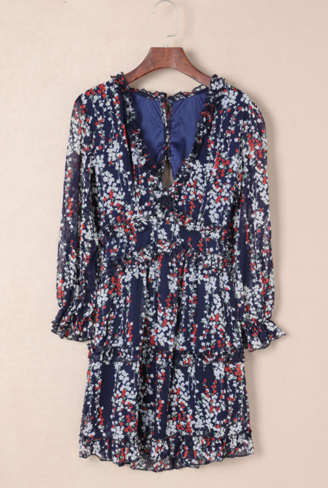 Blue Ruffle Detailing Open Back Floral Dress