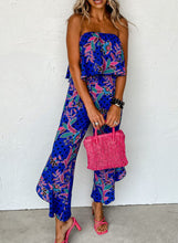 Load image into Gallery viewer, Blue Tropical Print Strapless Ruffle Jumpsuit
