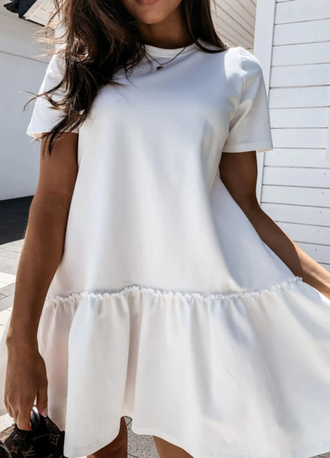 White Frilly Hem Short Sleeve Dress