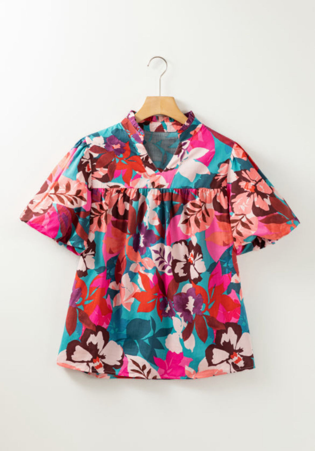 Rose Red Floral Print Puff Sleeve V-Neck Blouse