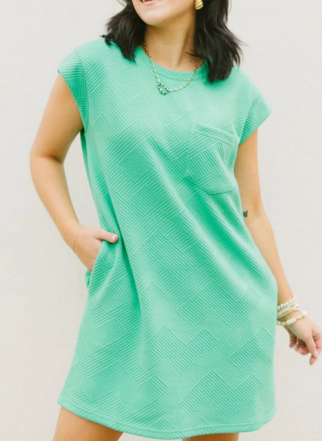 Mint Green Textured Cap Sleeve T-Shirt Dress