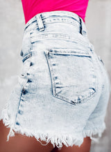 Load image into Gallery viewer, Light Blue Acid Wash Crossed Raw Hem Shorts
