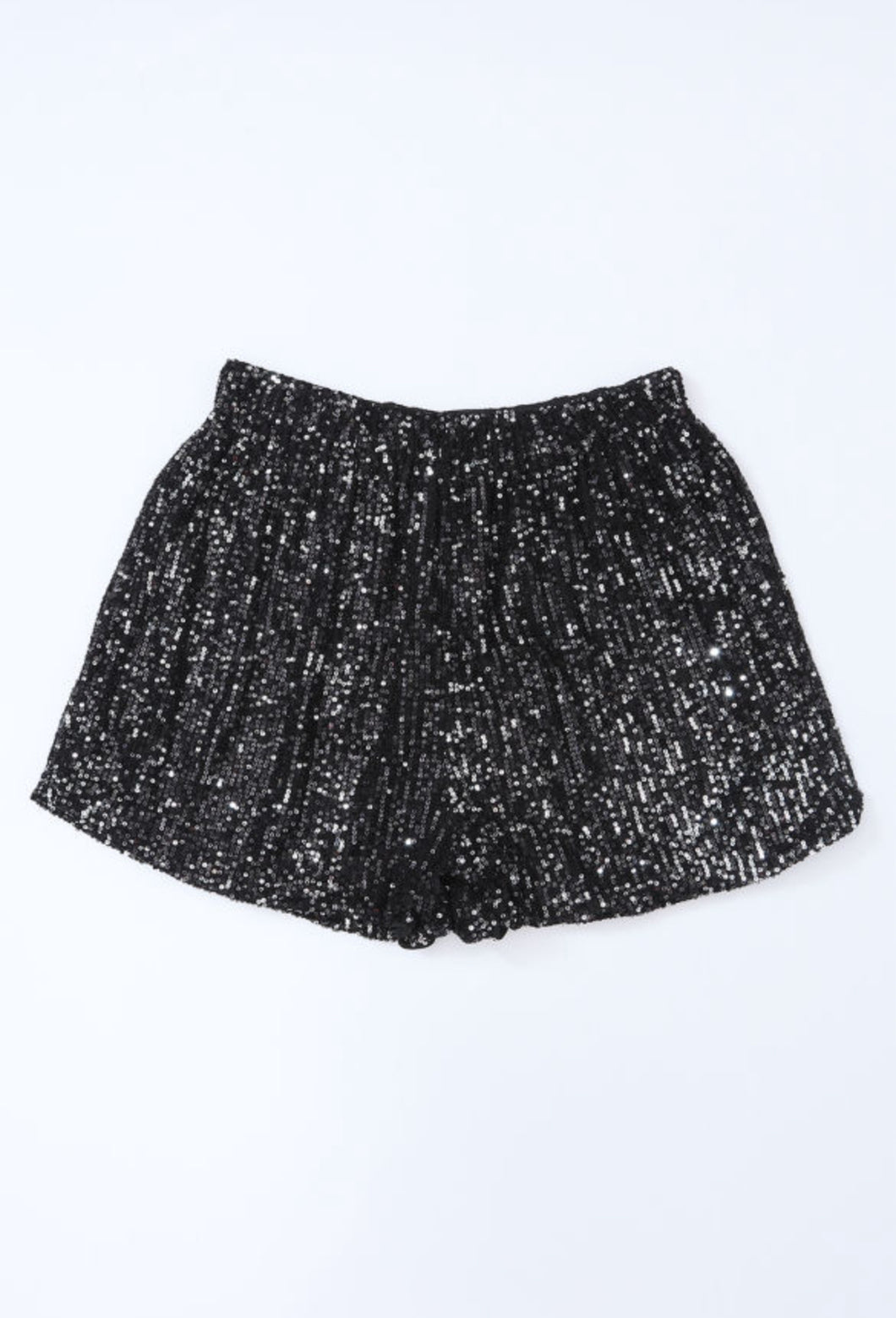 Black Sequin Straight Leg High Waisted Shorts