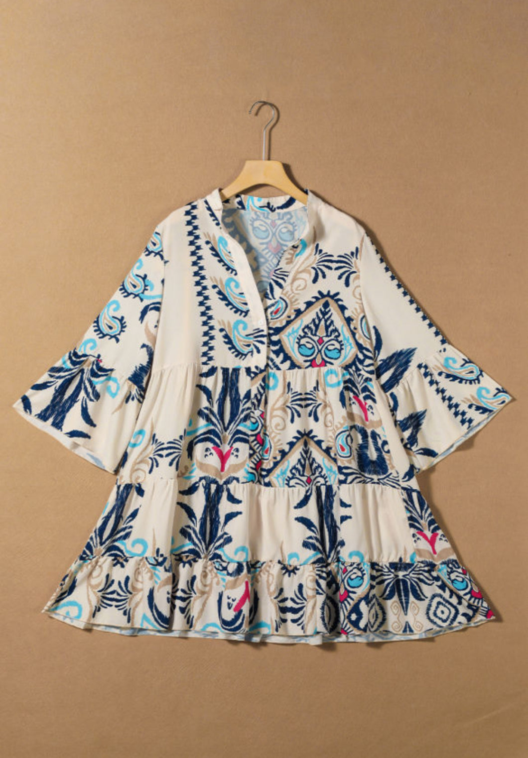 Printed Tribal Sleeve Buttoned Mini Dress