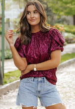 Load image into Gallery viewer, Burgundy Glittering Sequin Short Bubble Sleeve Blouse
