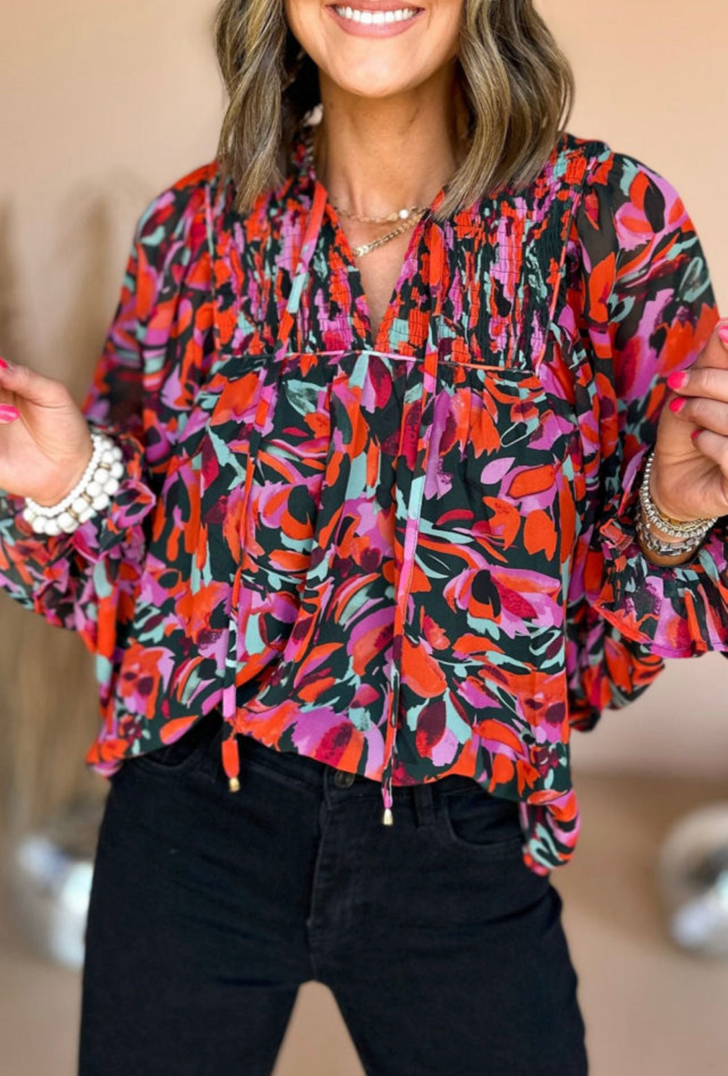 Abstract Puff Sleeve Blouse