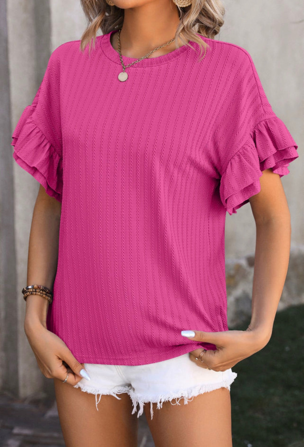 Pink Ruffle Sleeve Texture Top