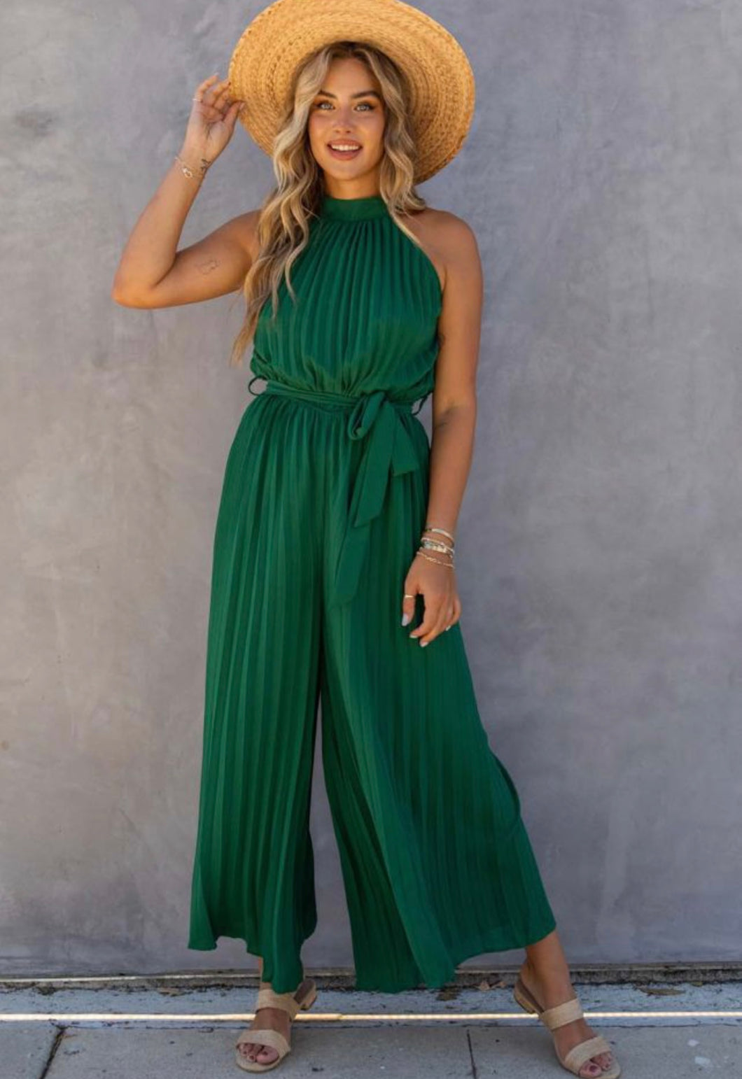 Green Halter Pleated Jumpsuit