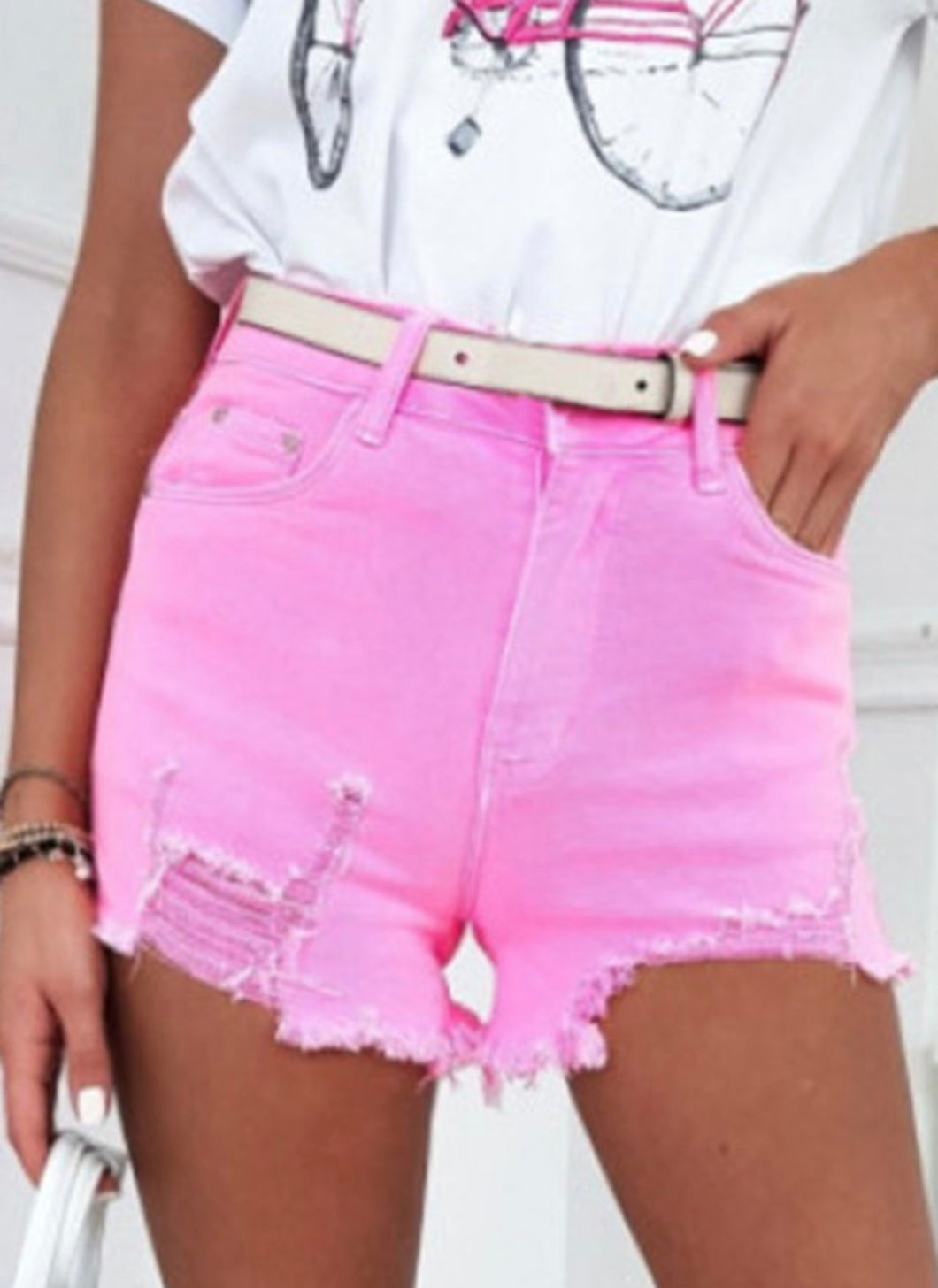 Pastel Pink Distressed Denim Shorts