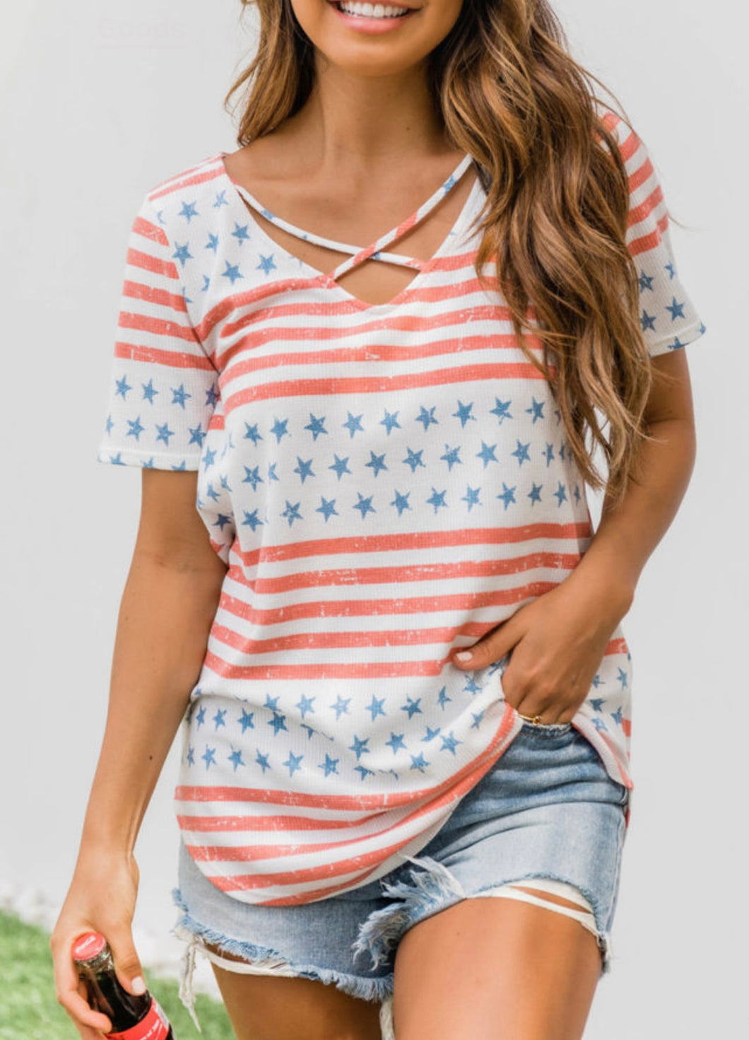 White Stars and Stripes Crisscross Neck Tee