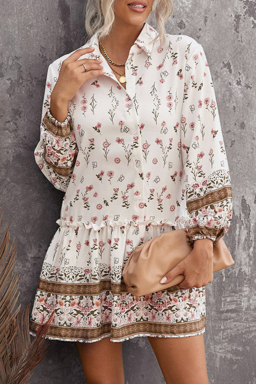 Floral Print Puff Sleeve Buttoned Shirt Mini Dress