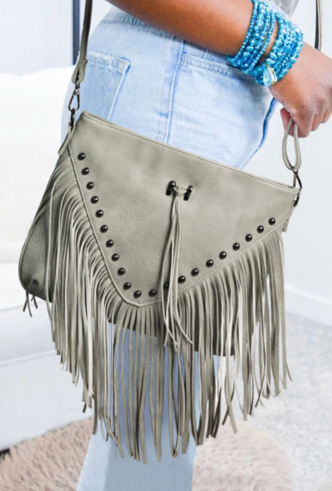 Rivet Fringe Tassel Leatherette Crossbody Bag