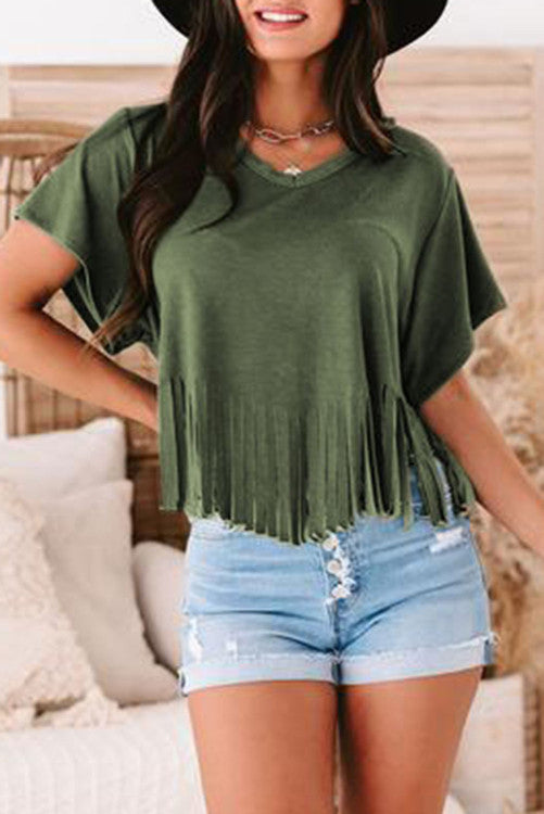 Green Fringe Hem Top