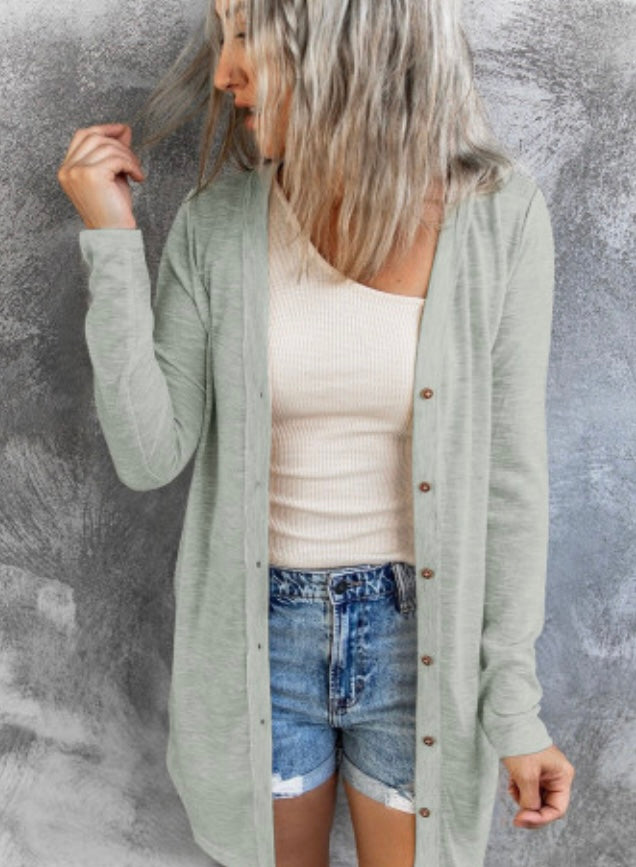 Sage Open-Front Buttons Cardigan