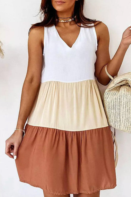 White V Neck Colorblock Sleeveless Babydoll Tiered Dress