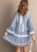 Load image into Gallery viewer, Blue Geometric Print V neck Flare Half Sleeve Ruffle Swing Mini Dress
