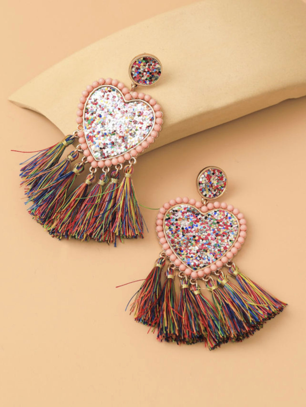 Multicolor Heart Tassle Earrings